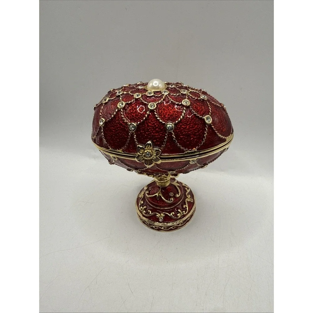 Jeweled Enameled Hinged Red Egg Trinket/Jewerly Box